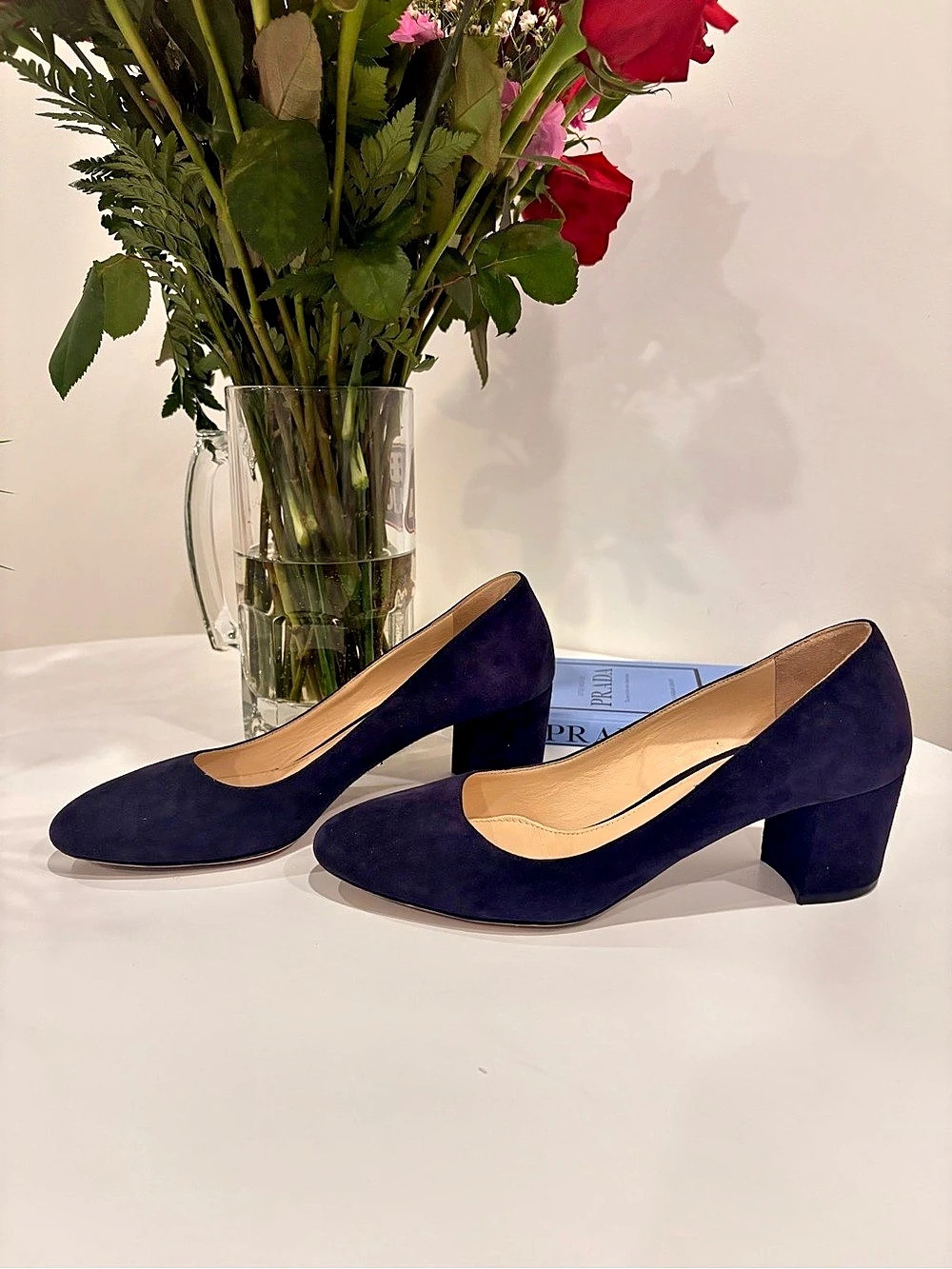 Prada Suede Block Heel Pumps in Blue
